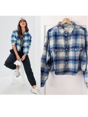 NWT AE | Cozy Cropped Flannel Shirt in blue plaid